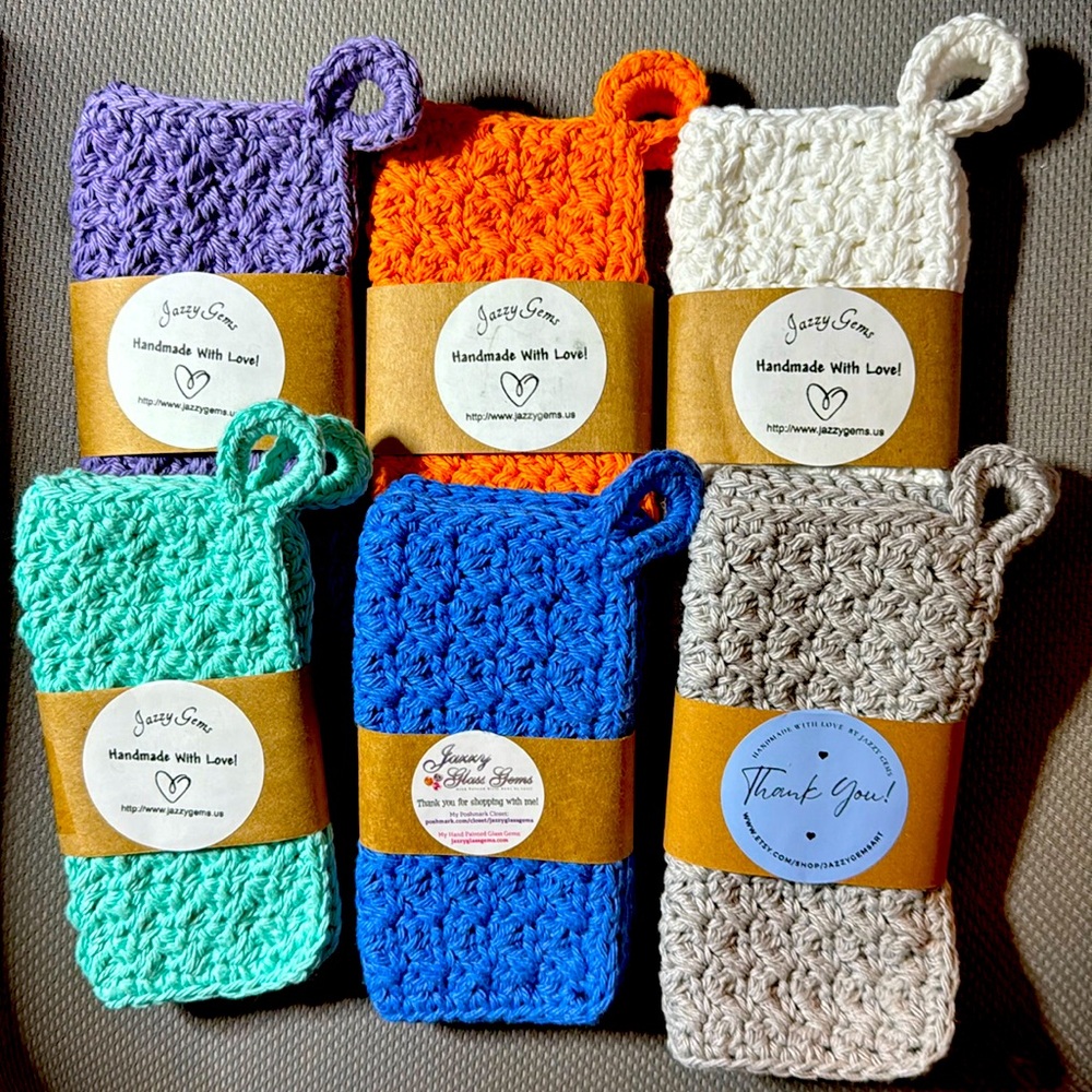 Handmade Crochet Dishcloths Wash Cloths - Set of 2 w/Hanging Loop 100% COTTON